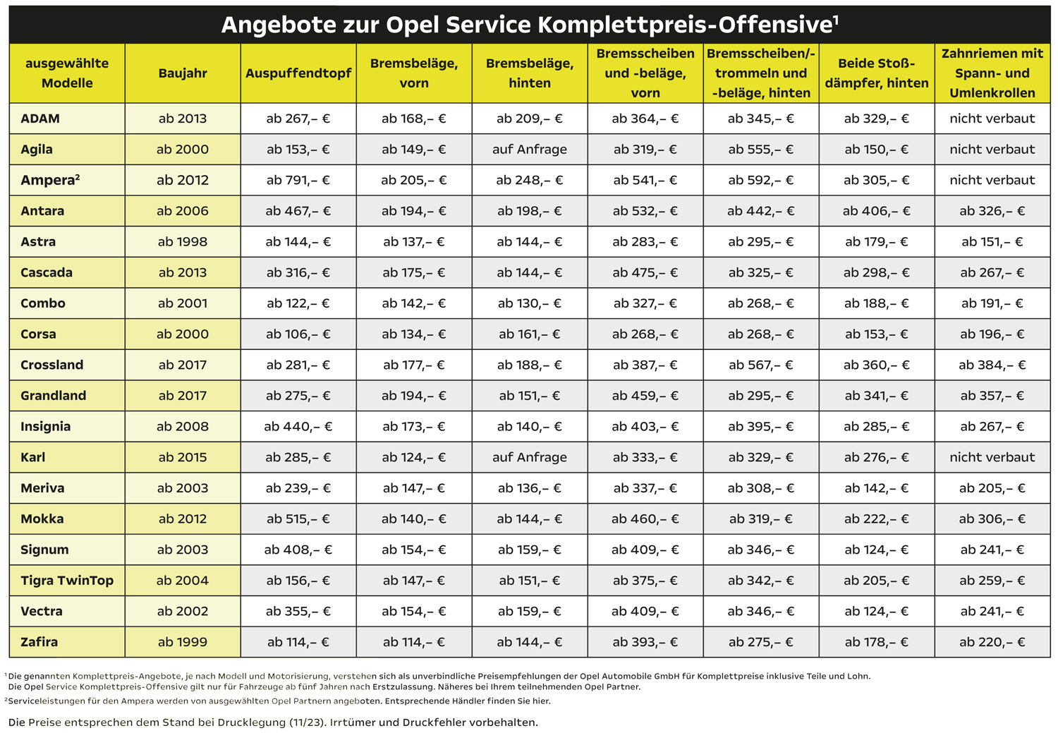 Opel Service Komplettpreis-Offensive Preisübersicht