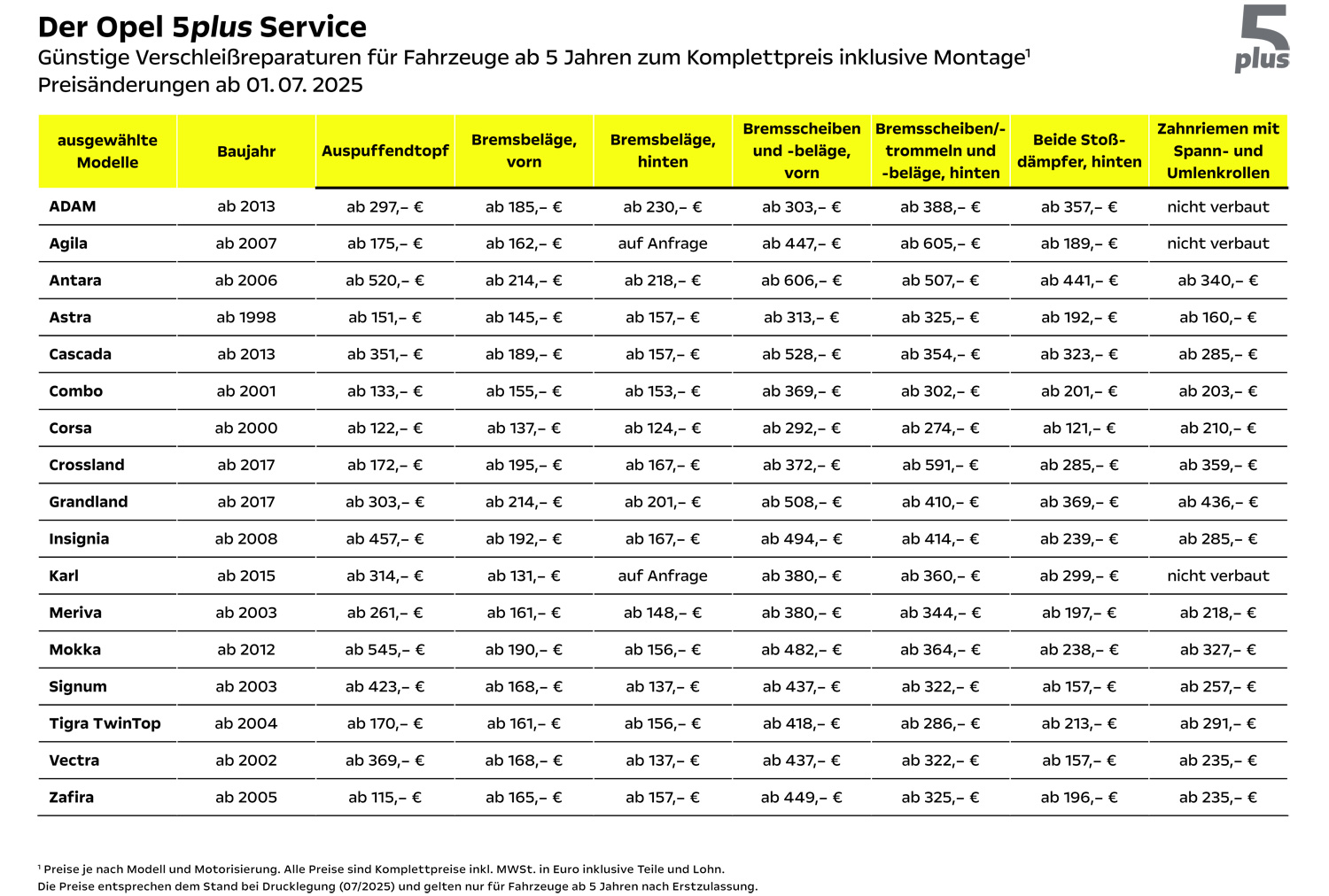 Opel 5plus Service - Preisübersicht